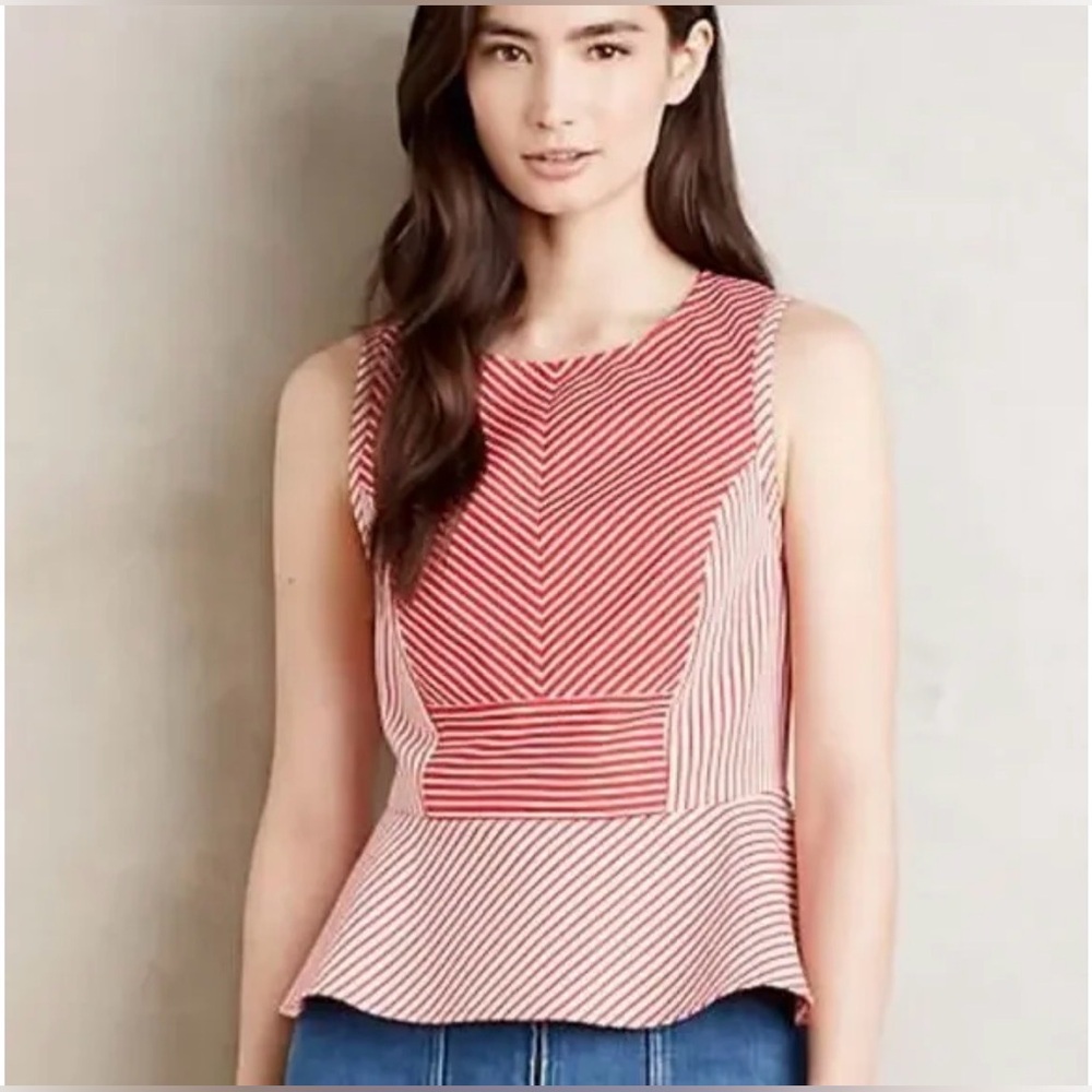 ANTHROPOLOGIE Maeve Cantua Peplum Red White Striped Top Size 0